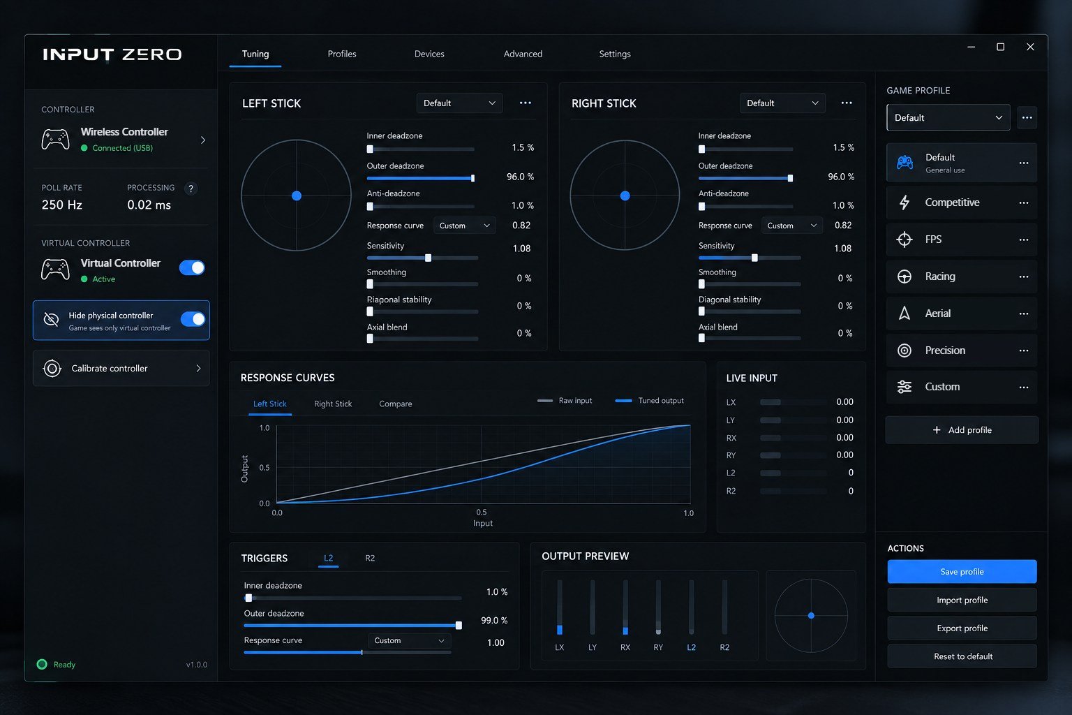 INPUT ZERO design mockup: stick tuning, response curves, live input, triggers and generic game profiles