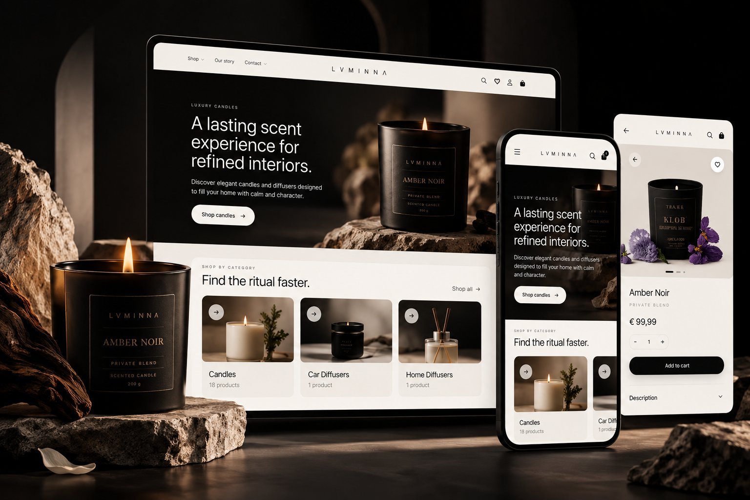 The LVMINNA website on a laptop and two phones: homepage, categories and a product page, next to an Amber Noir candle