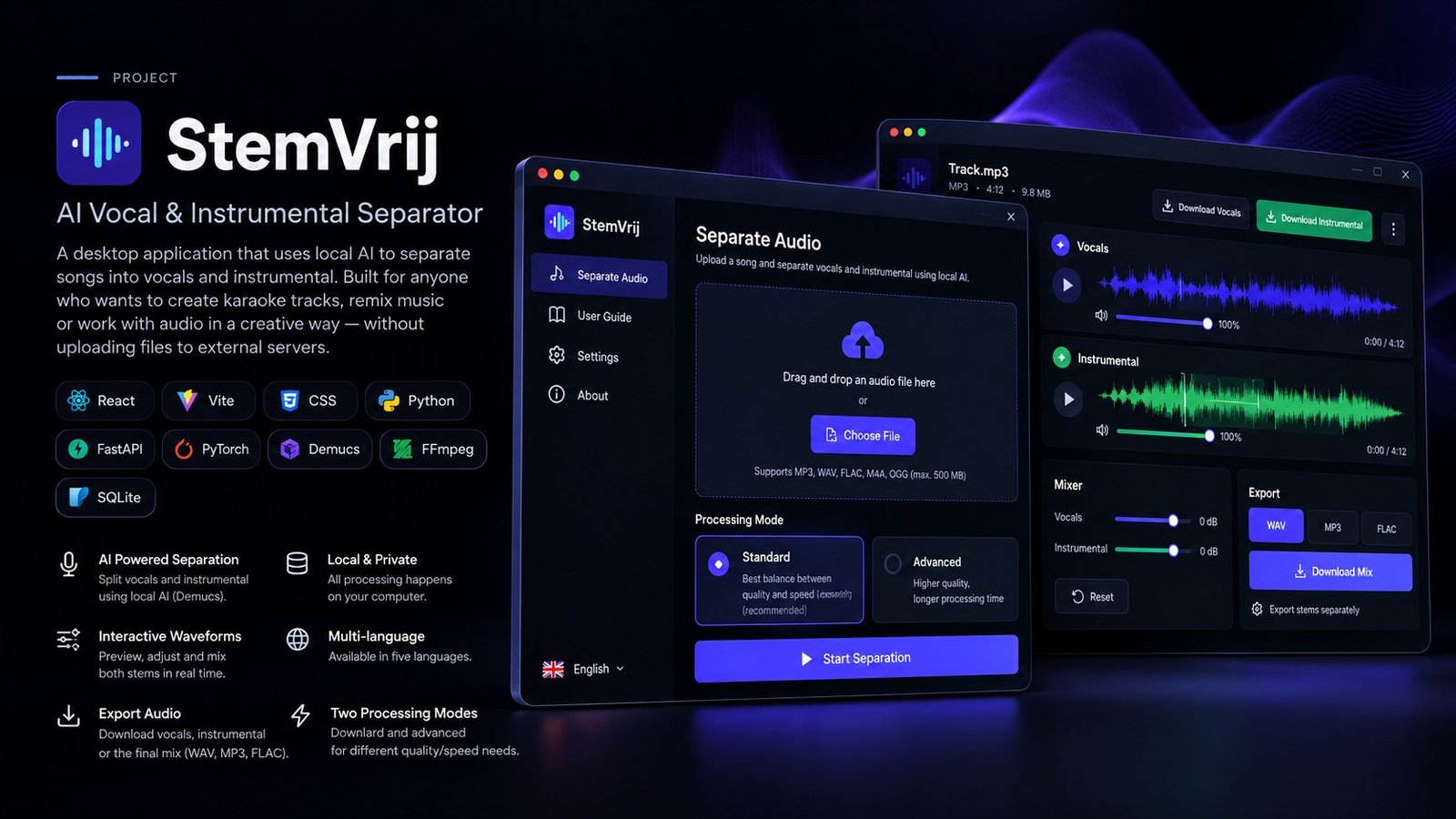 StemVrij: the Separate Audio screen and the results screen with vocal and instrumental waveforms, mixer and export