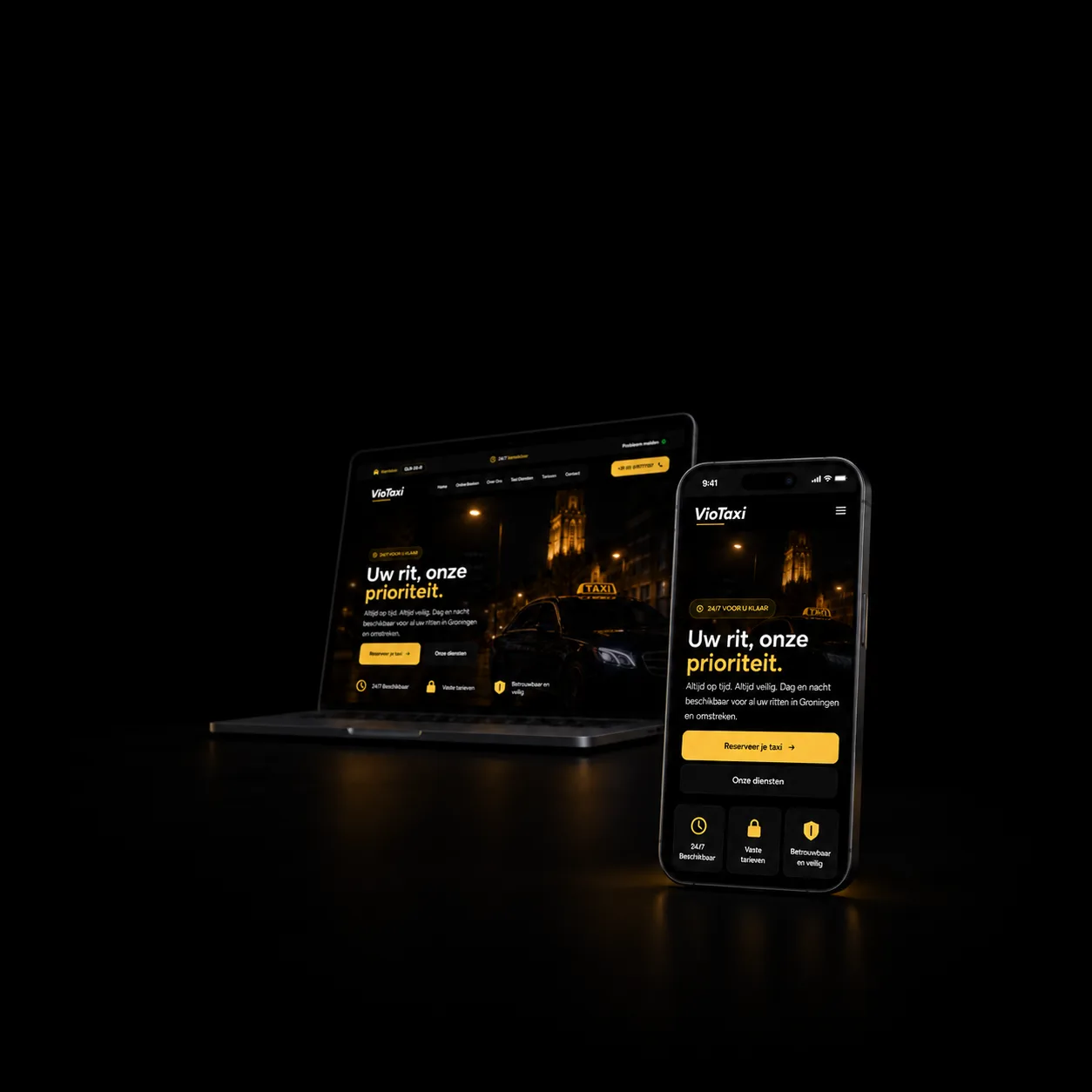 VioTaxi taxi website shown on a laptop and a smartphone